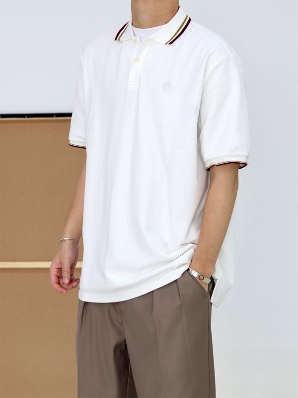 ポロシャツ レトロ 夏 ベーシック シンプル カジュアル シティボーイ 万能 半袖 メンズ ストリート レジャー ドロップスリーブ スリット 無地 シンプル