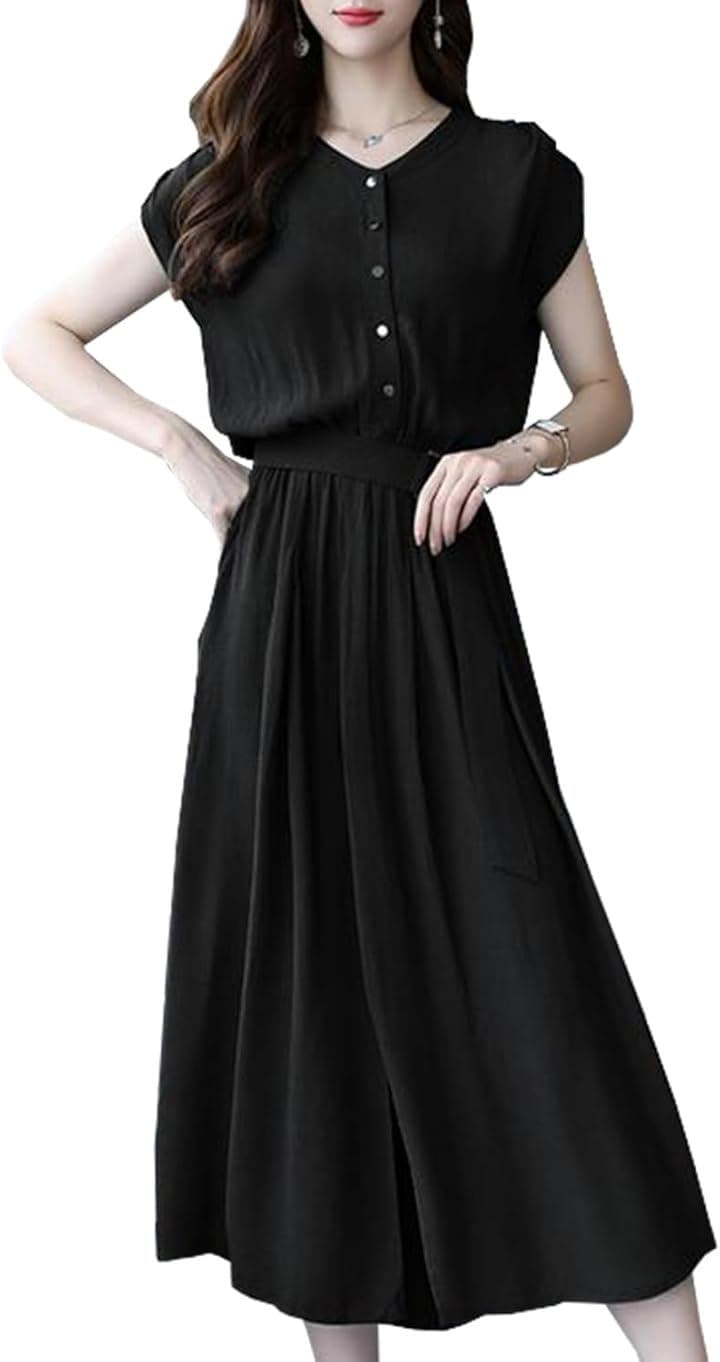 ワンピース レディース 半袖 Aライン ミモレ丈 きれいめ 無地 カジュアル 春 夏 秋( ブラック, L)