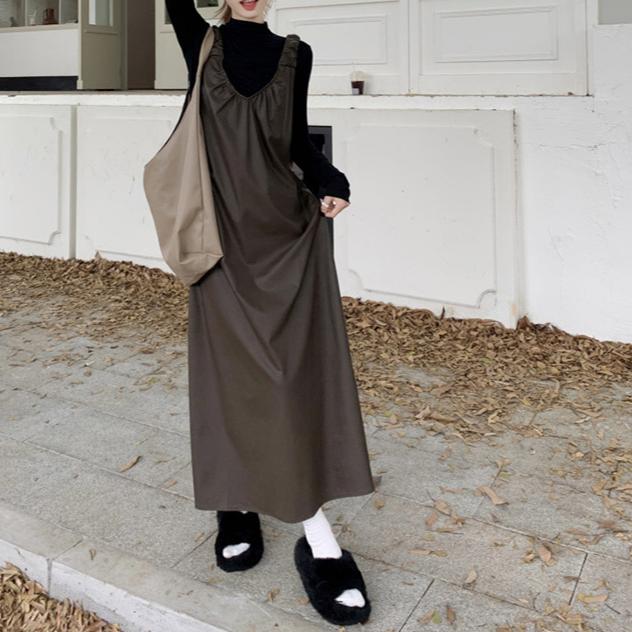 【20点セット】サロペットスカート レディース Vネック マキシワンピース ワンピース マキシ丈 ロングワンピース PU 大人 ゆったり ゆったり Vネック ギャル きれいめ 体型カバー エレガント