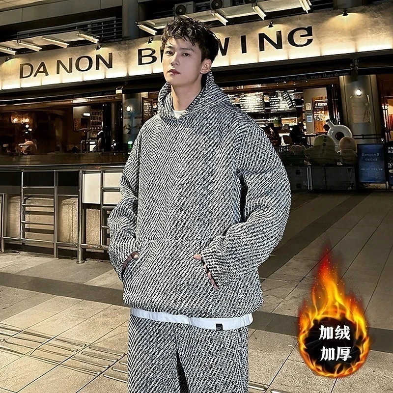 【秋冬新作注目】ファッション 秋冬 新作 パッチワーク チェック柄 裏起毛 フード付き 長袖 スウェット スーツ 紳士服 大きいサイズ カジュアルパンツ 2点セット