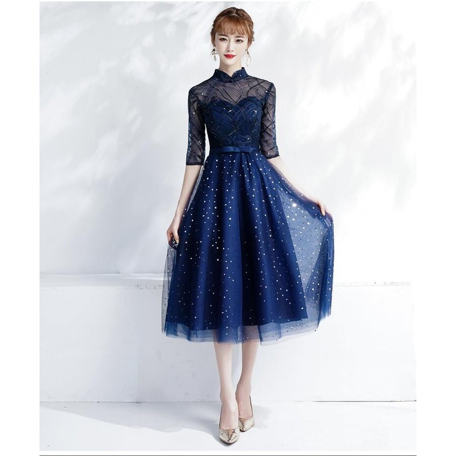 立ち襟 Aラインワンピース ミモレドレス パーティードレス 20代30代40代 ウエディングドレス