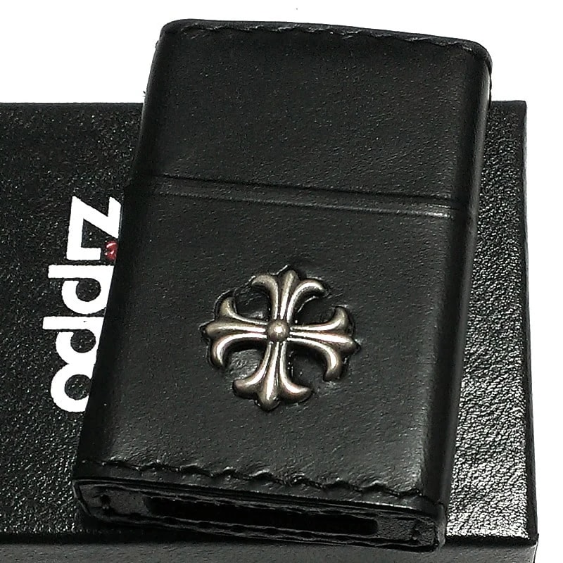 ZIPPO ライター 本牛革巻き ブラック Leather Cross ジッポ レザー クロス 黒 シンプル 十字架 牛革 かっこいい おしゃれ メンズ 男性 ギフト プレゼント