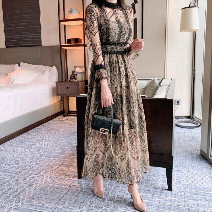 ワンピース デート レース ドレス ワンピドレス フレアワンピース ロング ロング丈 袖あり 長袖 クルーネック 襟なし ノーカラー スリム Aライン ギャザー 透け感 シースルー 薄手 きれいめ