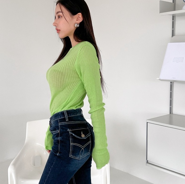 リブニットトップス 長袖トップス 蛍光カラー 5色展開 トップス ニットソー プルオーバー 袖あり 長袖 萌袖 Uネック ラウンドネック スリム ストレート Iライン スマート リブニット ニット