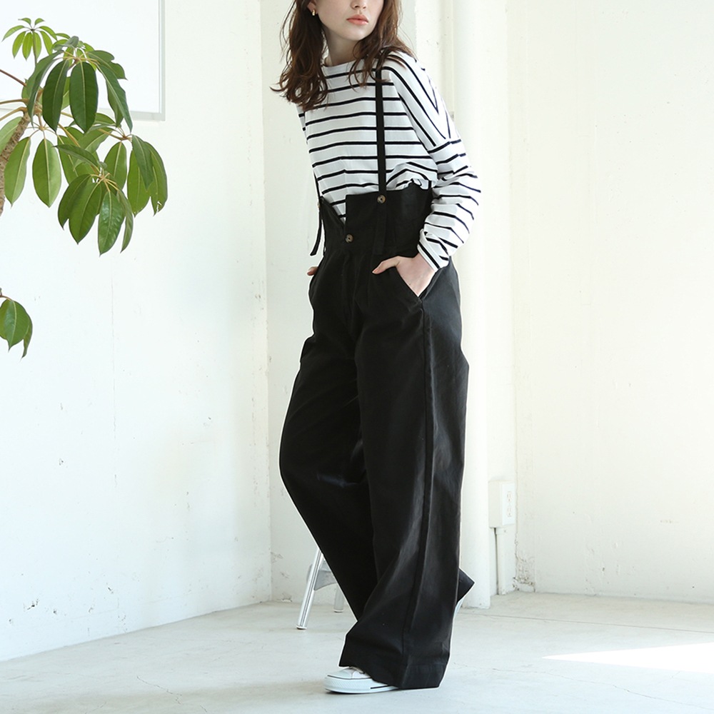 サスペンダー付きハイウェストツイルパンツ レディース ツイルセミワイドパンツ M L 大きいサイズ ゆったりワイドパンツ パンツ バギーパンツ ライトカーキ ベージュ オフ チノ イージーパンツ 黒