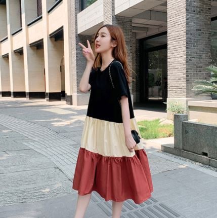 カラーマッチングワンピース コットンワンピース ミドル丈 袖あり 半袖 ラウンドネック Aライン 4,842円