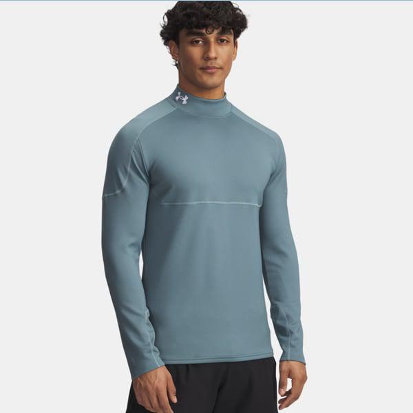 6007127-587 ブルー 男性 UA コールドウェザー グリッド モックネック 長袖Tシャツ 裏起毛 冬 ランニング