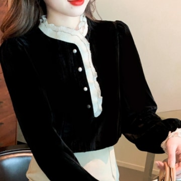 ベルベット長袖トップス トップス ブラウス カットソー 長袖 フリル ベルベット かわいい