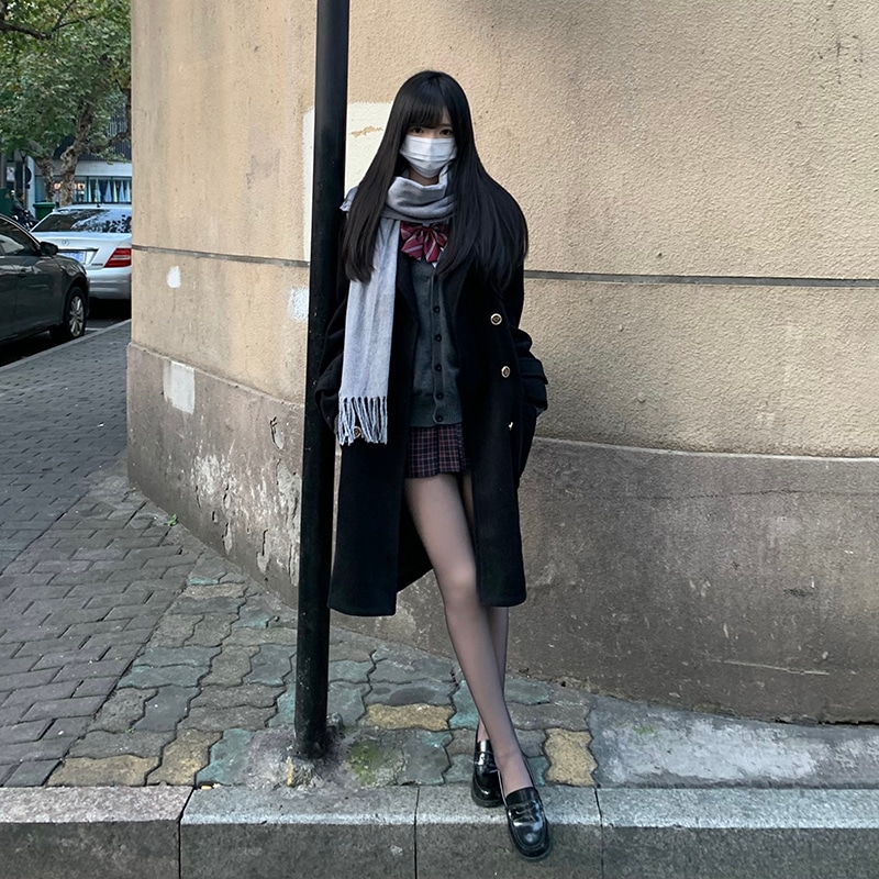 JKカレッジスタイルコートウールコートブラックダブルブレストプラッシュコート冬ジンナンレディース