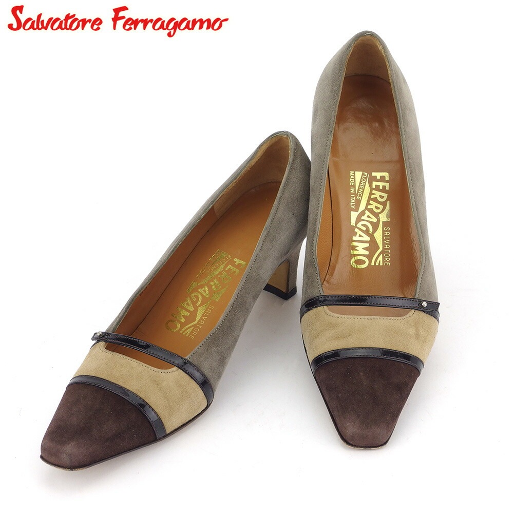 パンプス シューズ 靴 カラー切替え レディース 4ハーフD スクエアトゥ グレー 灰色 ブラウン ベージュ 中古