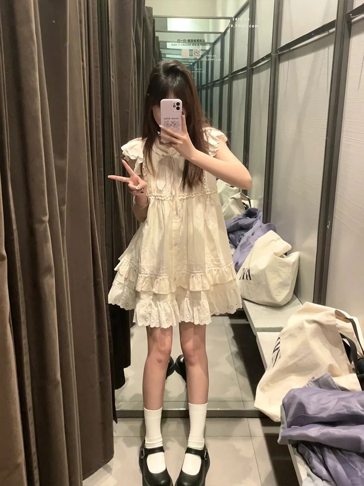 春夏 ワンピース おしゃれ かわいい ドレス ミニ丈 ラウンドネック Aライン 韓国ファッション低身長 レディース 白 シンプル お出かけ キュート スリーブ甘めフレンチ
