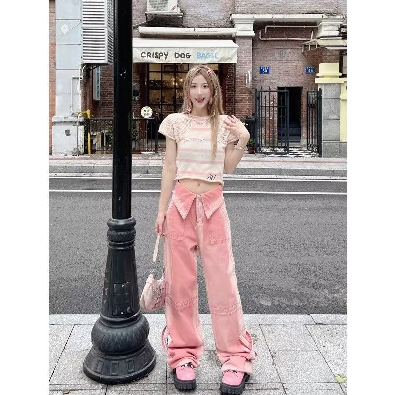 アメリカの高街ピンクの縁取りストレートジーンズ女性夏の高腰デザイン感がゆったりして痩せている