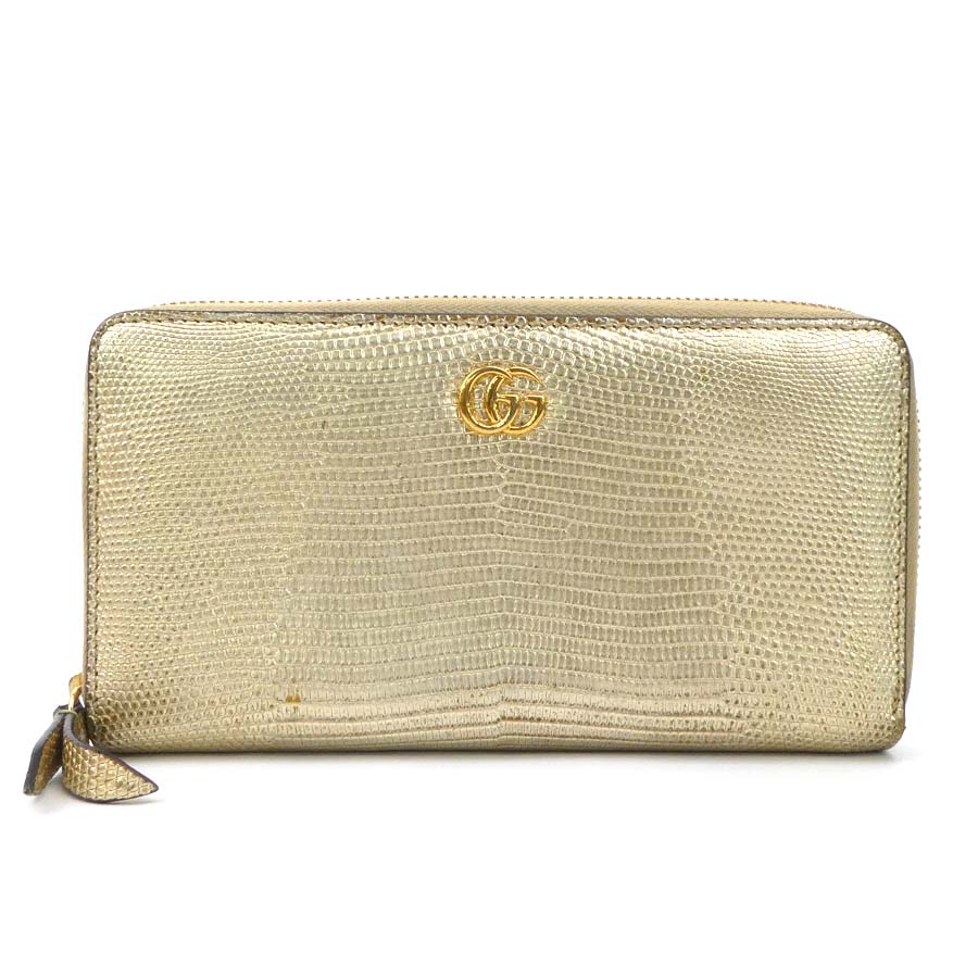 グッチ GUCCI ラウンドファスナー長財布 GGマーモント リザード ゴールド ユニセックス 456117 r10185g