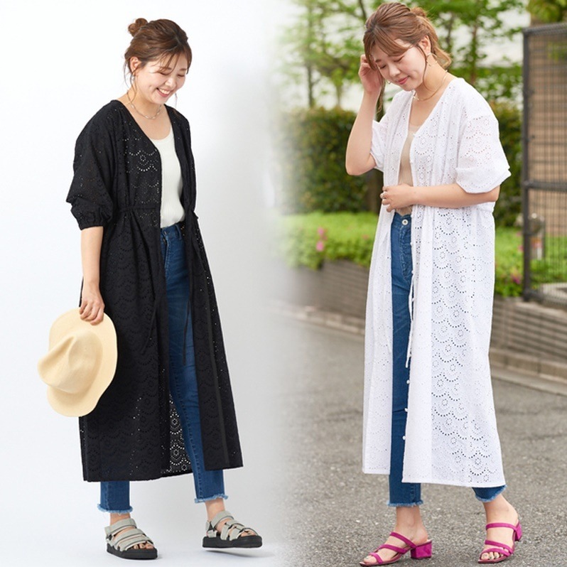 2色 春服 トップス カーディガン 羽織 レディース 春夏 カジュアル 白シャツ ロング丈 9分丈 アンクル丈 7分丈 半袖 五分袖 Vネック 襟なし レース 刺繍 シフォン 前開き 透け感 白 ホワ