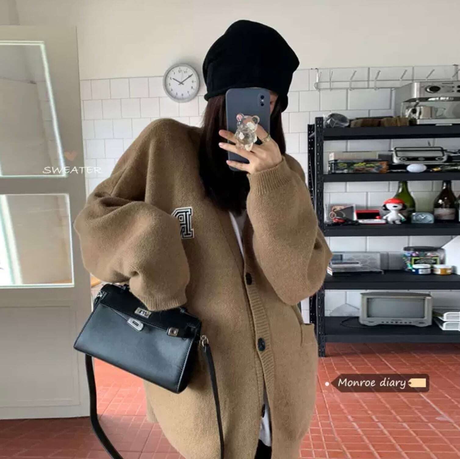 レディース 胸元 Rロゴ 前ボタン カーディガン セーター ニット トップス 韓国 ロングカーディガン ウール 大人可愛い ママコーデ ママファッション 韓国系 オルチャン 人気 トレンド 新作 20