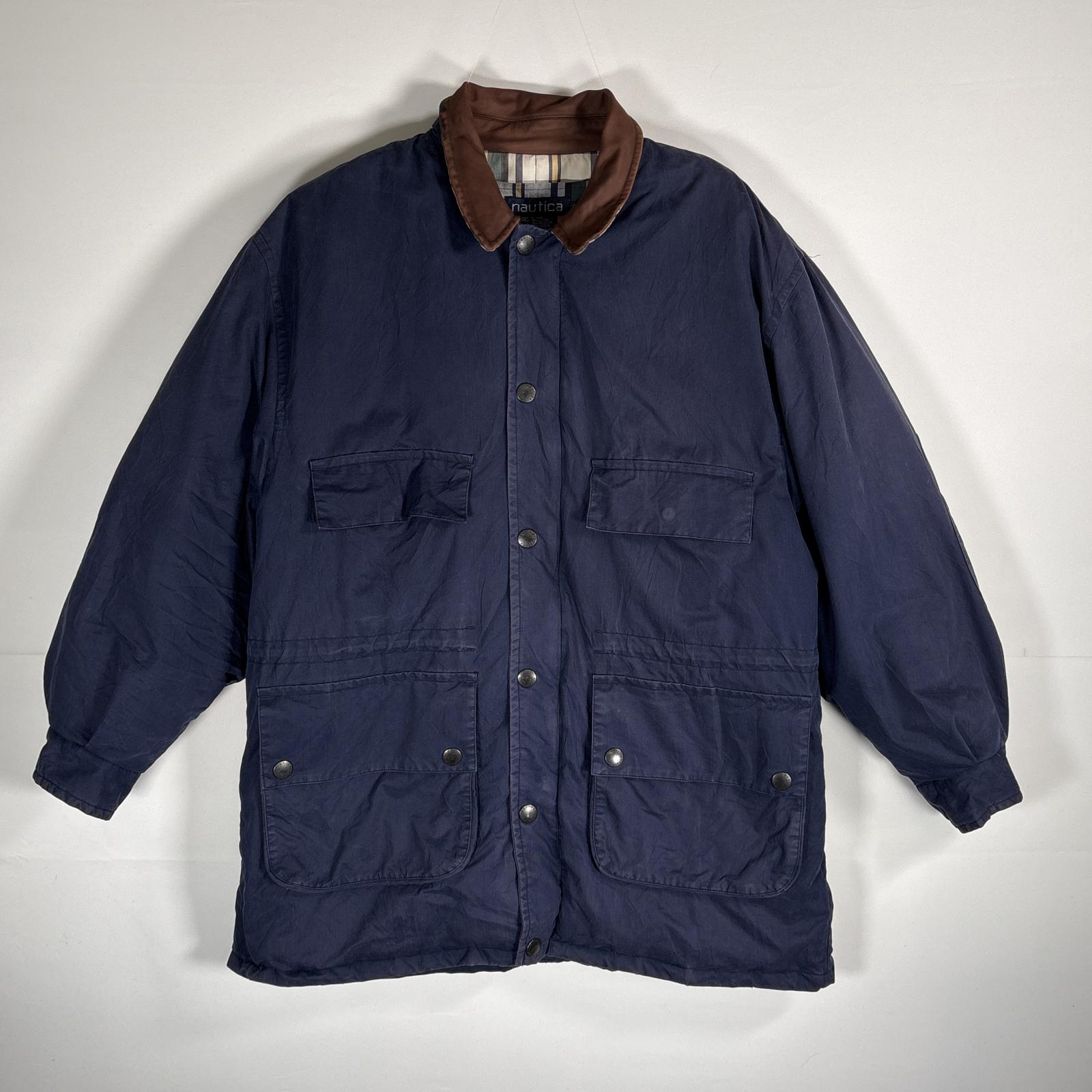 古着 90s/90年代 ダウンジャケット 襟レザー 裏地チェック柄 L ネイビー メンズ