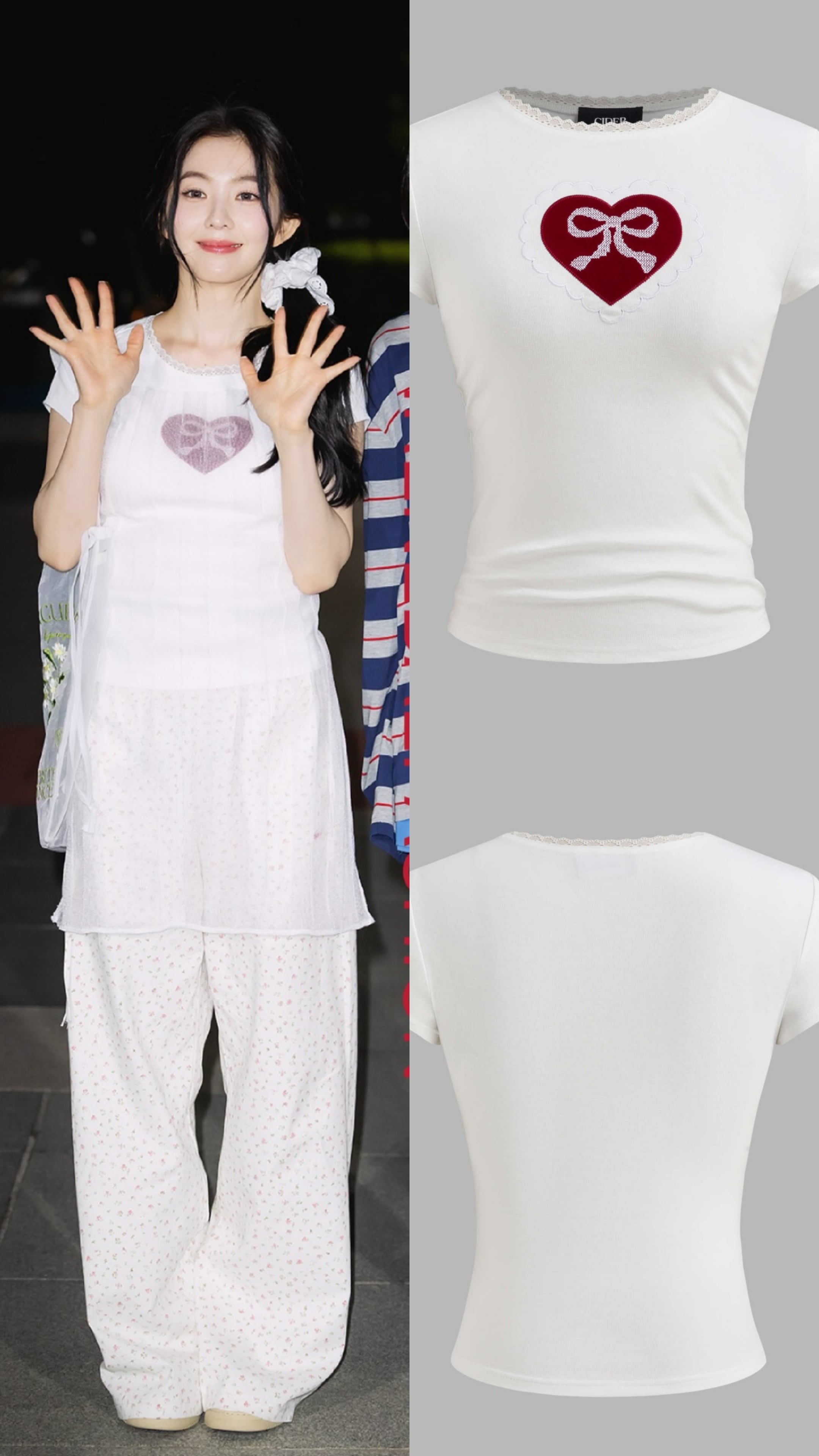 Cider/Red velvet Irene wear/Cotton-blend Bowknot Heart Lace Trim Ruched Tee