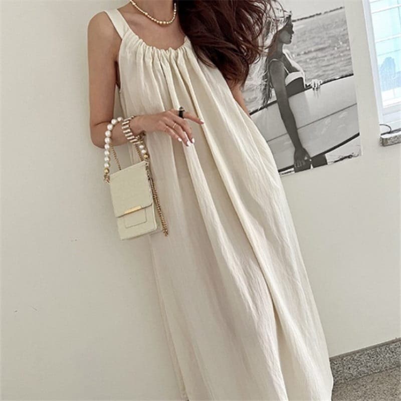 ロングスカート ノースリーブ無地綿麻コットンンワンピースプリーツ韓国ファッションゆったりマキシ丈旅行Aライン スカートキャミワンピース