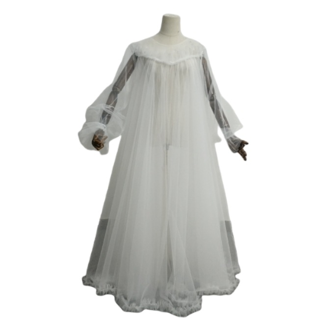 エアリー感 パーティードレス オフホワイト 透ける 胸元フリル 長袖 ふわふわドレス 妊婦 前撮り