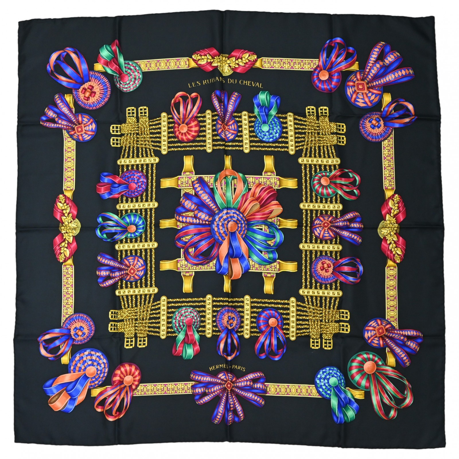 エルメス カレ90 シルク スカーフ ブラック リボン Aランク he8816cc