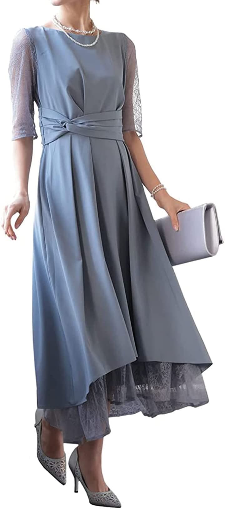 パーティ ワンピース ドレス レディース ウエスト モチーフ ベルト 結婚式およばれワンピース パーティードレス 大人 オトナ キレイメ( ブルーグレー / 320141, L)