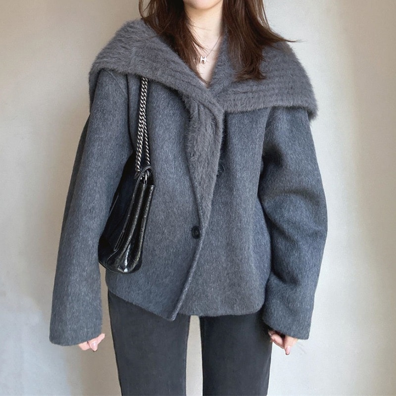 韓国風のゆったりとしたレトロなセーラーカラーのウールコートレディース秋冬ゆったりとしたフィット感厚手で暖かいカジュアルなウールコート