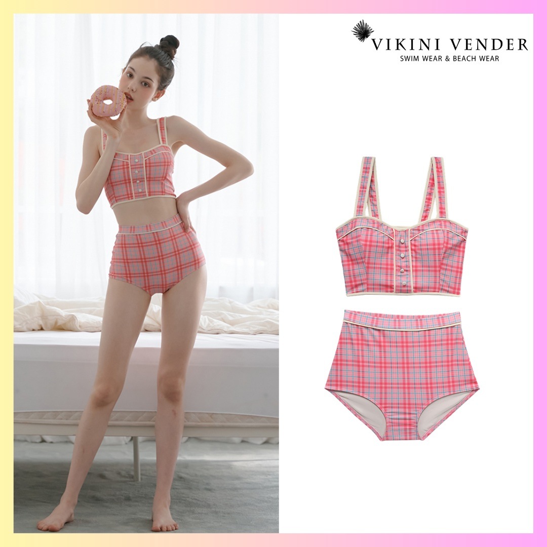 Le Mans Check Button High Waist Bikini - Pastel Pink ハイウエストビキニ ビキニ ハイウエスト セパレート水着 ハイウエストビキニ ビキニ