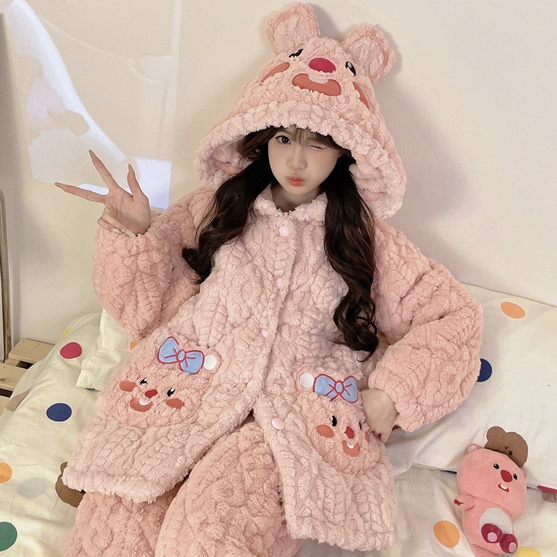 冬のパジャマ女性の3層の綿を挟んだ厚手の加絨サンゴの絨毯2024女の子loopyルビーの部屋着
