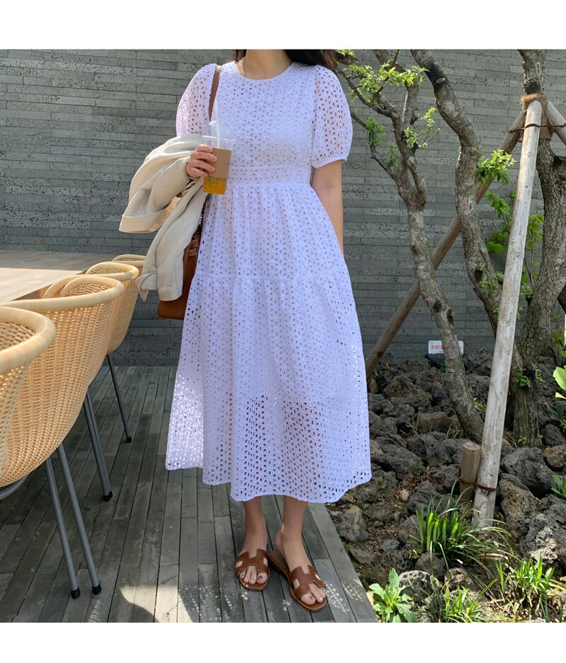 3色 レトロ風 ワンピース 半袖 春夏 きれいめ カジュアル かわいい ロング aライン Aライン ワンピドレス ミディアム丈 ミドル丈 五分袖 ボリューム袖 ボリュームスリーブ パフスリーブ ラウン 5,863円