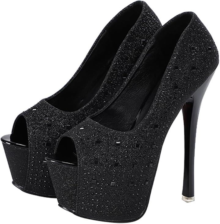 レディース オープントゥ ピンヒール ハイヒール キラキラ スパンコール 16cm キャバ 綺麗 お洒落 パーティー(ブラック, 24.0 cm)