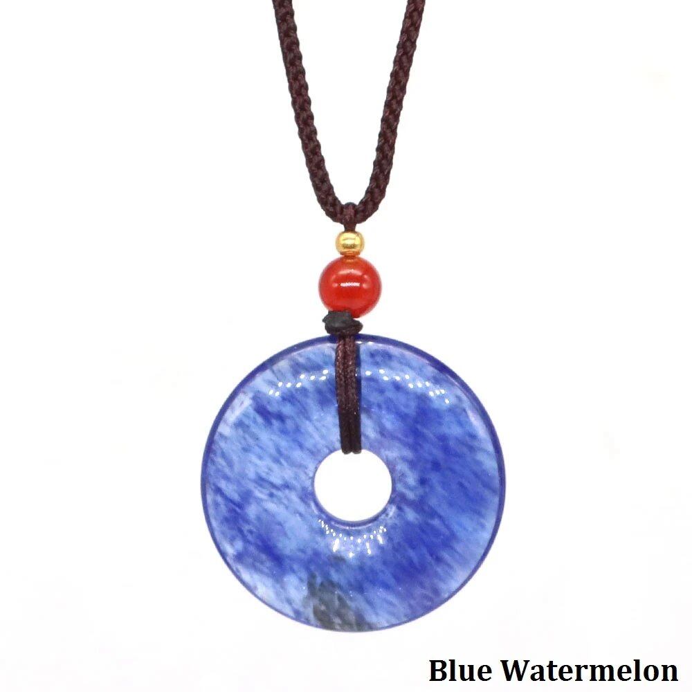 30mm 円形ドーナツ型 ヒーリングクリスタルペンダントネックレス 天然オブシディアンストーン お守りコインチャーム 幸運のドーナツ プロテクションジュエリー ギフト カラー：ブルーウォーターメ