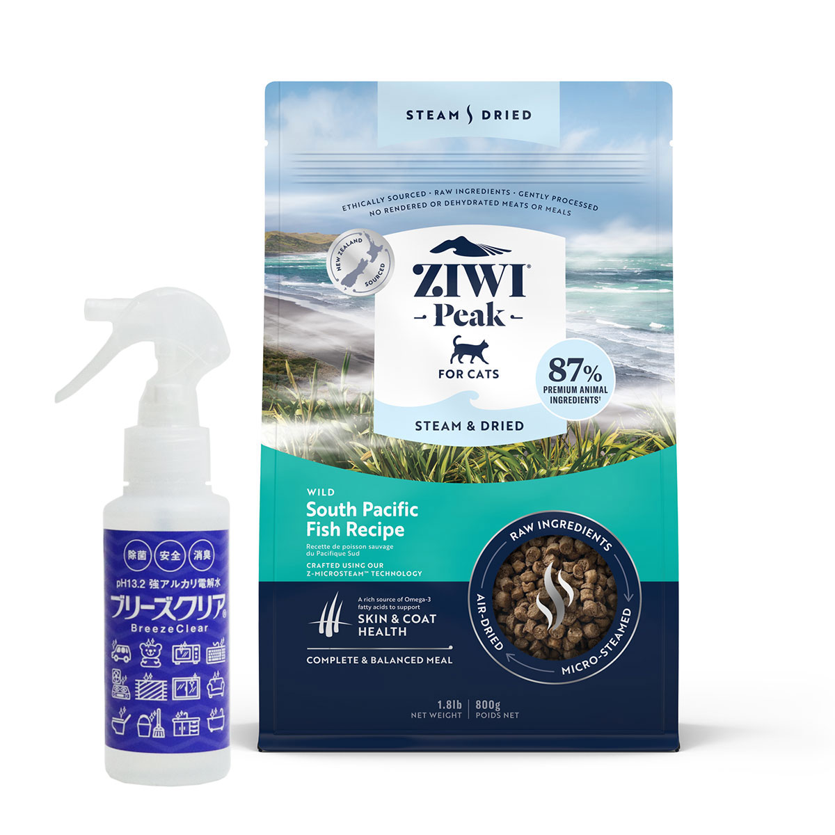 スチーム&ドライ・キャットフード ワイルド サウス・パシフィック・フィッシュ レシピ 800g【ph13.2強アルカリ電解水100ml付き】