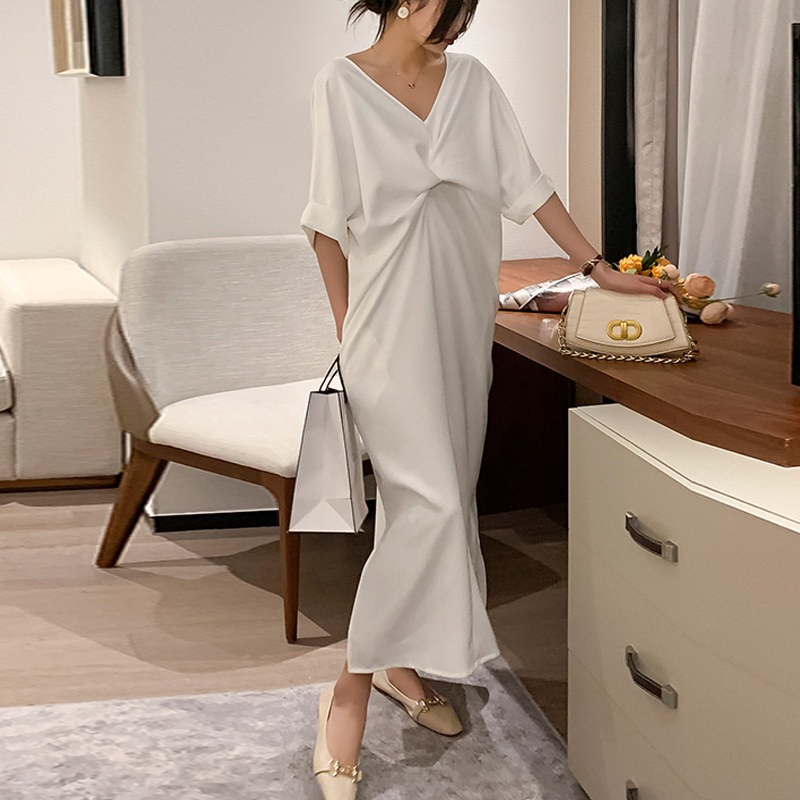 ワンピース ロング Vネック スリット 五分丈 ホワイト ワンピドレス プルオーバー 袖あり 襟なし