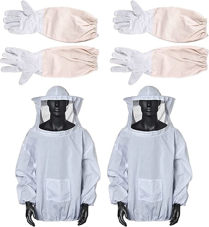 養蜂用品 防護 服 手袋 帽子 フェイスネット 防虫 農業 作業 駆除 蚊 ハチ(白防護服2着+手袋2双のセット)