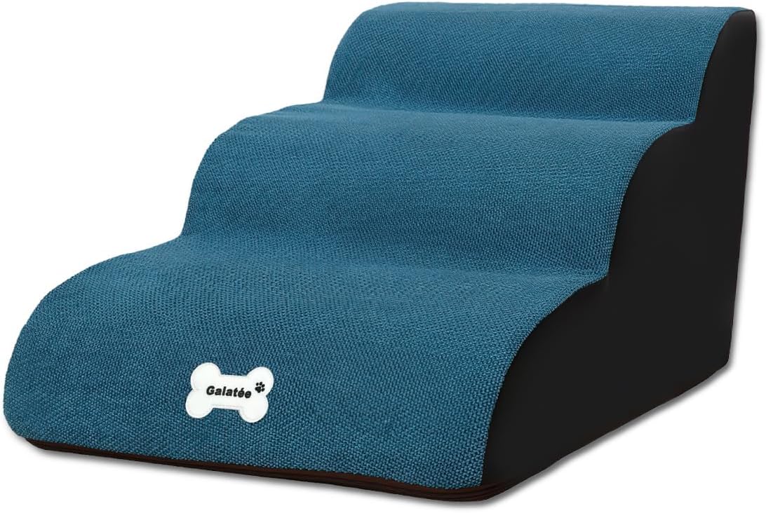 洗える取り外しカバー付き 高密度フォーム製 3段 青 犬用階段