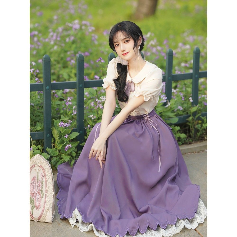 フレンチ文芸学院風レトロなレースの振り子スカート仙女半袖セット女の日常ロリータが逃げ姫ハロウィンクリスマスパーティー仮装30%までに制限
