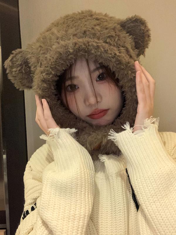 フードウォーマー レディース 冬 雷峰 帽子 バラクラバ 耳あて 防寒 厚手 柔らかい 通気性 ボタン アウトドア サイクリング かわいい クマ 茶色 ベージュ 黒