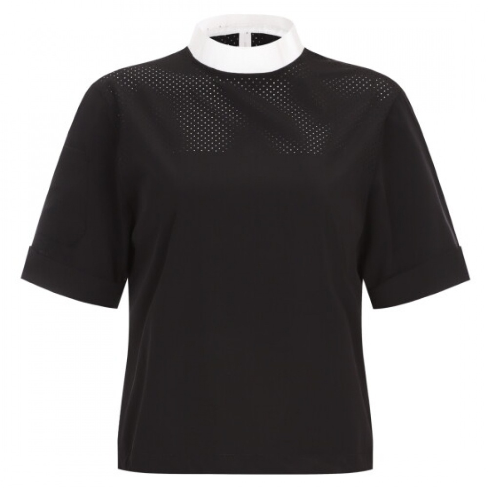 ショップアン レディース ラウンドネック 半メッシュ スパン ゴルフ 半袖 Tシャツ ブラック LB-WSH-20695