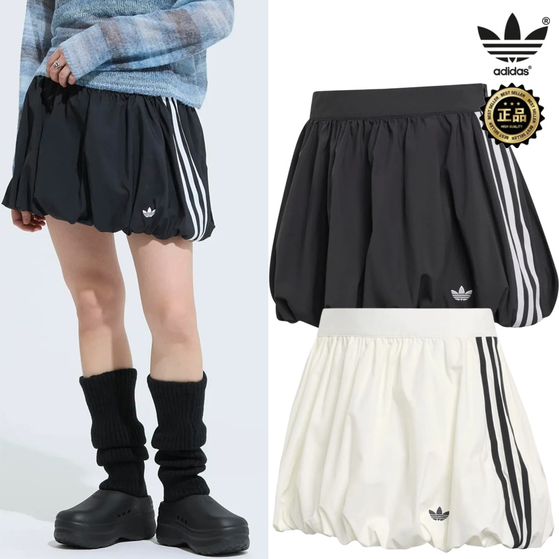 26SS 新作 KD0299 KE3440 BALLOON SKIRTS バルーン ミニスカート ウエストゴム 3ストライプ デイリー タウンユース レディース 韓国 コーデ提案 デニム ギフト向