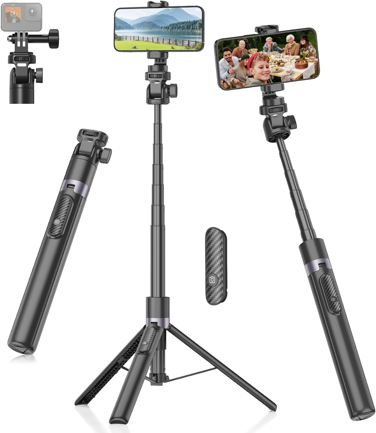 スマホ用三脚スタンド 収納一体型 172cm 卓上使用可 遠隔リモコン付き 軽量コンパクト アクションカメラ対応