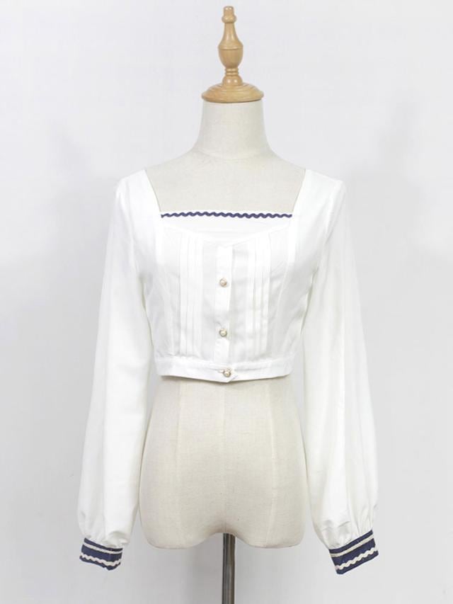 【短納期】ロリィタブラウスホワイトポリエステルセーラースクエアネック2カラーブロック長袖