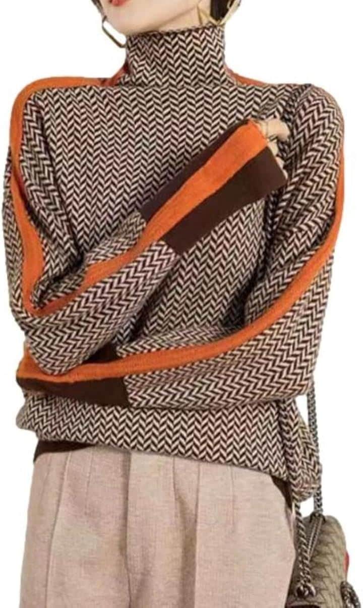 ヘリンボーンニットトップス タートルネック プルオーバー ゆるシルエット10分袖 レディース JS105(オレンジ, XL)