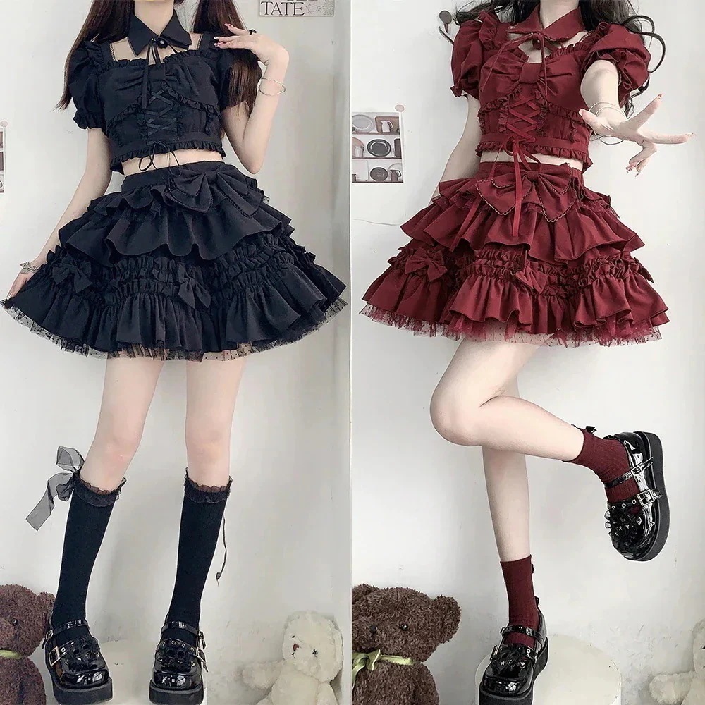 スカートブラウスレッドブラックロリータ ドレスセーラー服コスプレ かわいい レトロイベントお嬢様 蝶結び メイド学生卒業式入学式 A35 その他 ワンピース ドレス