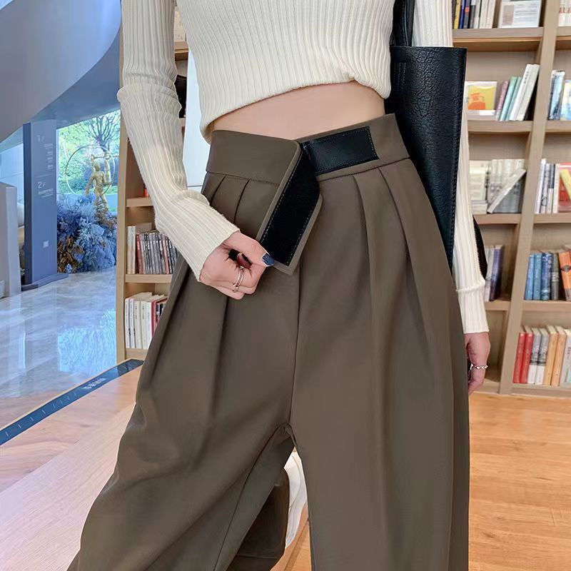 レディース ベルクロ スーツ パンツ レディース 秋冬 ハイウエスト ドレープ 伸ばした スリム ストレート ルーズ カジュアル ワイドパンツ