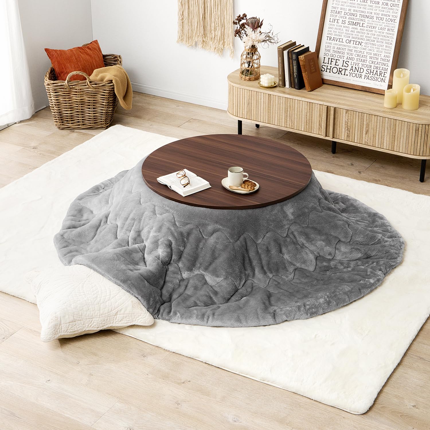 萩原 こたつ 2点セット 円形 リバーシブル天板 一人用 【 こたつ本体(木目調ブラウン) + フランネル生地掛布団(グレー) 】 木目 省スペース 洗える 低ホルム 直径80 高さ35.5 アベルS