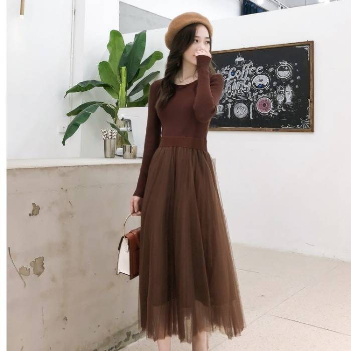 ワンピース ニット ニットドレス ニットワンピース ロング 長袖 ラウンドネック シフォン メッシュ 無地 フレンチ リブ プリーツ 透け感 ハイウエスト フリル 新作 秋 冬 可愛い おしゃれ モテ