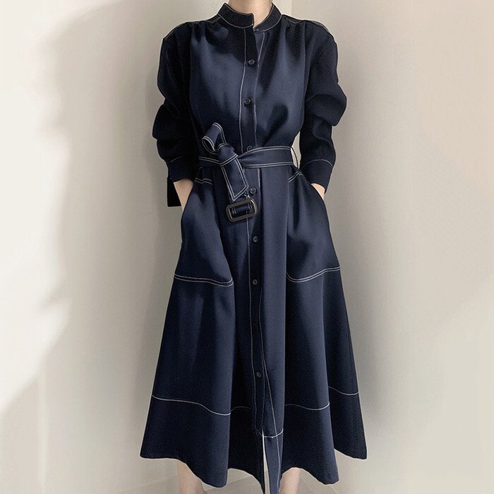 ワンピース 2way レディース シャツワンピース シャツワンピ 前ボタン フロントボタン ロングワンピース ロング丈 ミモレ丈 長袖 ノーカラー ステッチ フレア スリット