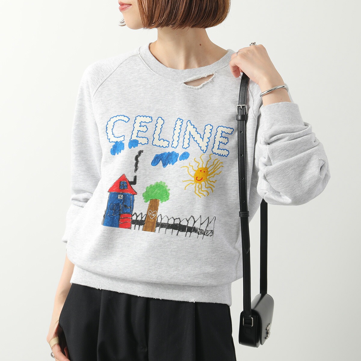 CELINE セリーヌ トレーナー RY0GW670Q.GCA7 レディース スウェットシャツ 長袖 ラグラン クルーネック コットン ダメージ加工 ロゴ グレー他