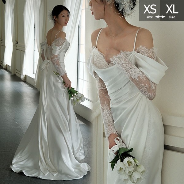 パーティードレス ボートネック 結婚式 大人 ピアノ 発表会 母親 演奏会 卒業式 披露宴 エンパイアライン スレンダー レース ビーチフォト 花嫁 撮影 ウエディングドレス ロング サテン ドレス