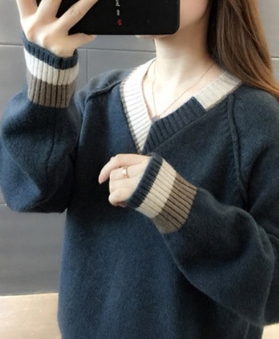 トップス デート モテアイテム ニットソー セーター 長袖 Vネック 切り替えデザイン ウール 可愛い きれいめ 上品 おしゃれ かっこいい 可愛い ラブリー キュート ガーリー クール